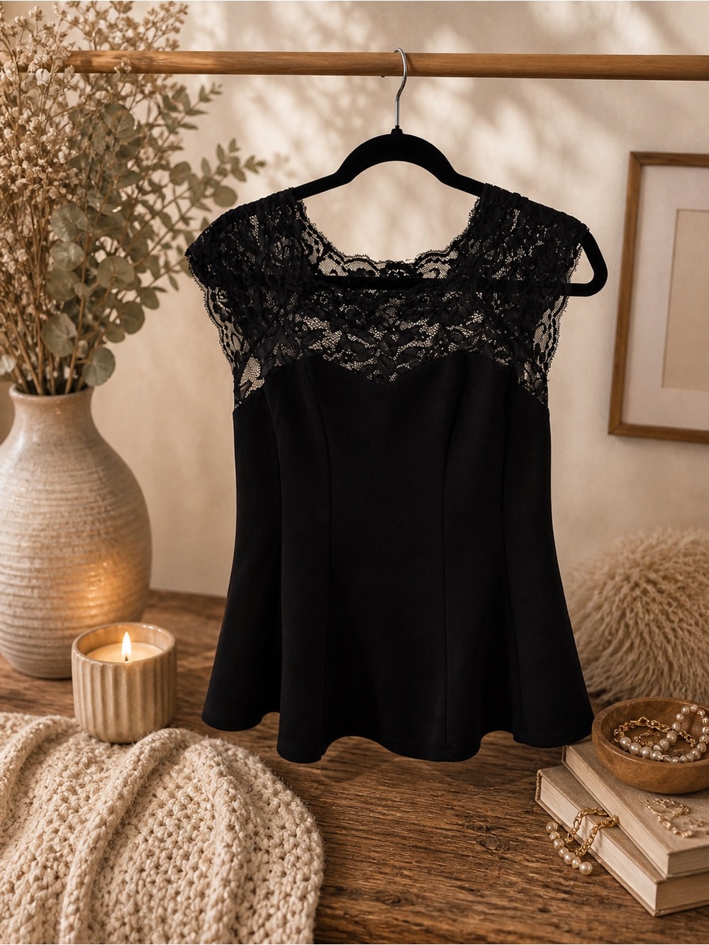 Lace Yoke Black Women's Blouse